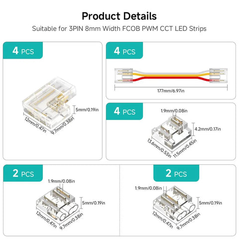 Hassle Free 3 Pin 8mm Cob Cct Led Connector Kit Featuring Dual End Wire And L Shaped Connectors with various sizes and styles.