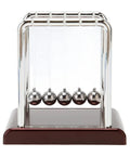 Five Beads Newton's Cradle Desk Toy With Perpetual Motion Pendulum for home office decor, chrome balls on wooden base