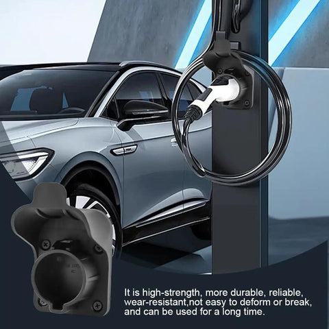 Make Your Garage Shine With This Badass Sae J1772 Ev Wall Mount Charger Holder showing black waterproof holder mounted with charging cable