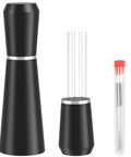 Espresso Distribution Tool WDT With 8 Pin 0.35mm Stainless Steel Needles, Black Aluminum Alloy Handle, shown with extra pins