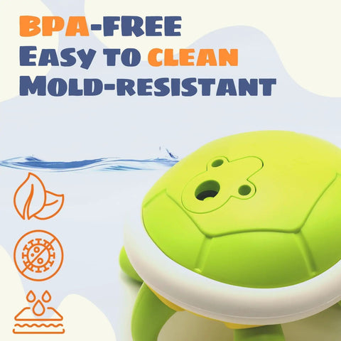 Rechargeable Turtle Bath Toy Sprinkler For Toddlers With Five Rings And Belly Sprayer Tub Toy closeup showing BPA-free material