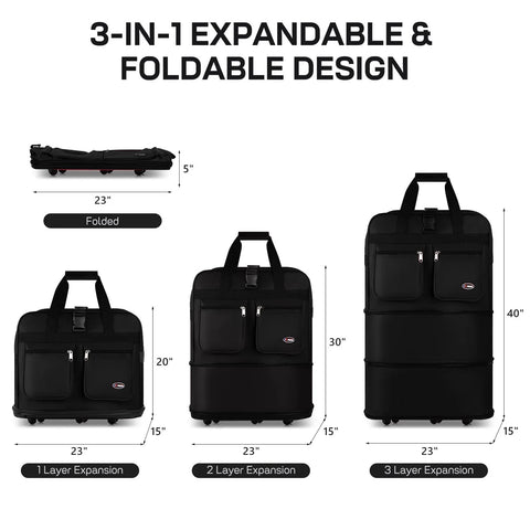 New York XPress black 3-in-1 expandable rolling luggage with wheels and front zip pockets.