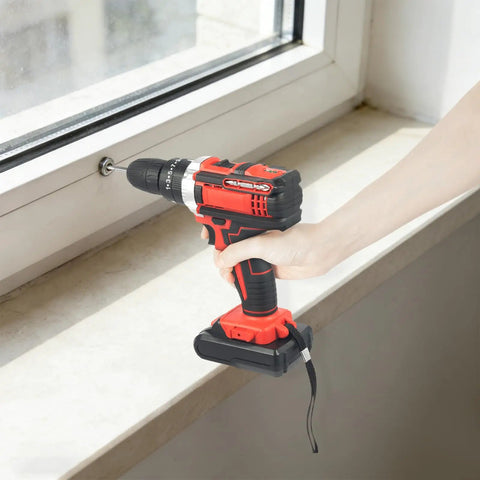 Heavy Hitter Cordless Drill Set With Variable Speed Gears And 25 Plus 3 Torque Settings delivering precision drilling at a window.
