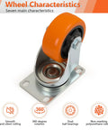 Built Tough Heavy Duty Three Inch Caster Set Of Four With Twin Straight Front Runners Paired With Nimble Rear Swivel Hubs Wrapped In Bright Orange Polyurethane for smooth handling.