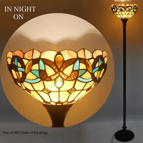 Tiffany Style Floor Lamp With 12 Inch Stained Glass Shade 71 Inch Tall Antique Bronze Base Uplight Torchier With Foot Switch UL Listed