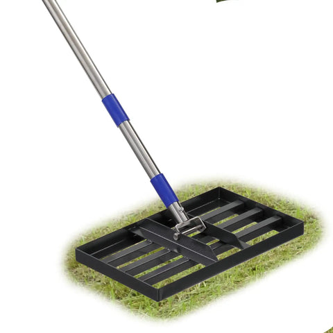 Heavy Duty Stainless Steel Lawn Leveling Rake With Adjustable 5 Foot Handle on grass
