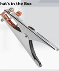 Heavy Duty Welding Ground Clamp With 500A A Shape Copper Jaw for Rock Solid Stable Connections And Easy Setup On Any Machine shown from an angle, highlighting its copper jaw and stainless body.