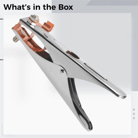 Heavy Duty Welding Ground Clamp With 500A A Shape Copper Jaw for Rock Solid Stable Connections And Easy Setup On Any Machine shown from an angle, highlighting its copper jaw and stainless body.