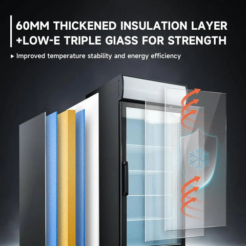 60mm thickened insulation layer and low-E triple glass of Straight Up Commercial Grade Upright Display Freezer With 16 Cu Ft Glass Door.