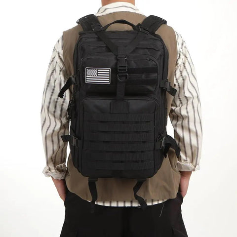 Person wearing All Day Ready 45L Nylon Waterproof Tactical Backpack For Fishing, Hunting, Hiking, Camping And Outdoor Adventures