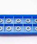 Top view of blue plastic organizer tray with ten round carbide cutter tips for YURIKAI 1/3 in woodturning tools