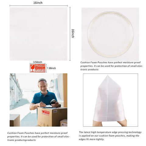 Image of 50 Pack 16x16 Cushion Foam Pouches With Anti Static Film For Moving And Packing showing dimensions and packaging use.