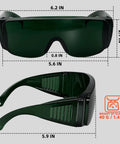 Industrial Grade Shade 5 Welding Goggles Built Different For Serious Eye Protection And Anti Fog Side Vents Ideal For Plasma Cutting And Soldering Tasks ANSI Certified Tough As Nails Polycarbonate Lenses dimensions showing front and side view.