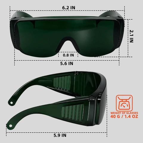 Industrial Grade Shade 5 Welding Goggles Built Different For Serious Eye Protection And Anti Fog Side Vents Ideal For Plasma Cutting And Soldering Tasks ANSI Certified Tough As Nails Polycarbonate Lenses dimensions showing front and side view.