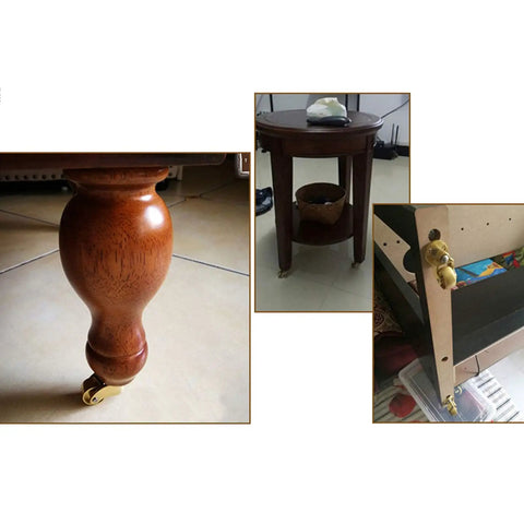 Heavy Duty Solid Brass Caster Wheels For Furniture With 32Mm Square Cup Mount And 360 Degree Swivel Base on a wooden table leg.