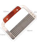 Crinkle-cut fry slicer with wooden handle and stainless steel blade; kitchen tool for chopping vegetables and potatoes.