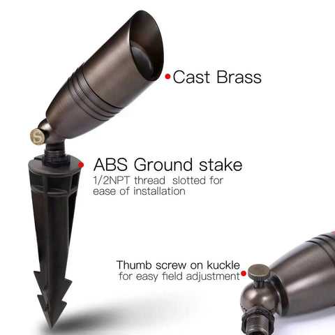 Close-up of Six Pack 12V Brass Landscape Spotlights With Ground Stakes, solid die-cast brass construction and ABS ground stake.