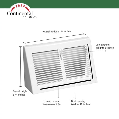 Triangular Baseboard Floor Register With Ten Inch Duct Opening And Eleven And Three Eighths Inches By Six And Seven Eighths Inches Overall White Finish For Easy Install In Residential Duct Systems Durable Powder Coat Wall Vent showing dimensions.