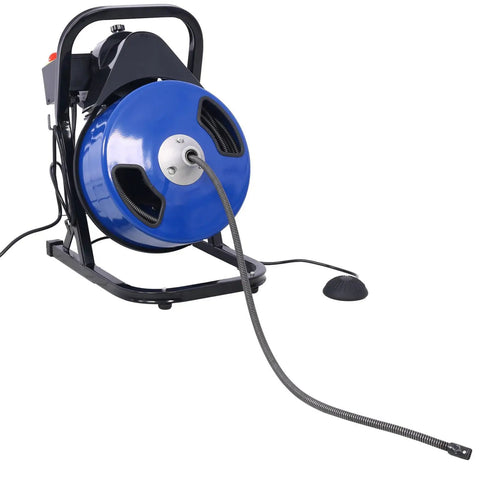 Heavy Duty Electric Drain Auger Featuring 60 Foot Flexible Snake Cable And Swappable Cutter Heads For Knocking Out Stubborn Sink And Pipe Clogs Includes Foot Switch And Solid Blue Motor Unit