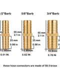 Solid Brass Garden Hose Repair Connector Kit sizes with Half Inch, 5/8, and 3/4 Inch Barb fittings labeled in mm and inches.