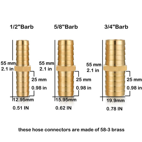 Diagram of solid brass garden hose repair kit with three quarter inch barb fittings and six stainless clamps durable hose connector set.