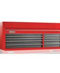 Badass 66 Inch Black Top Chest Featuring Ten Deep Drawers for Gritty Work and Garage Hustle with Heavy Duty Steel Construction for Serious Tool Storage, red with sliding drawers.