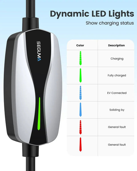 Legit Tesla Level One And Two Ev Charger Featuring Nacs Connector And ETL Certified with dynamic LED lights showing charging status.