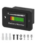 Universal Led Golf Cart Battery Level Indicator Meter Monitor For 12V To 72V Lithium And Lead Acid With Ten Segment Gauge Display. Battery monitor with connectors and screws.