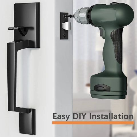 Matte Black Front Door Handle Set With Reversible Lever For Right Or Left Handed Doors Exterior Entry Door Handle Single Cylinder With Lower Half Lever Adjustable Latch Fits Doors From One And Three Eighths To One And Three Quarters Inches being installed on a white door with a drill.