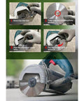 12-inch laser-welded diamond blade installed on circular saw for dry or wet cutting of concrete, stone, and masonry.