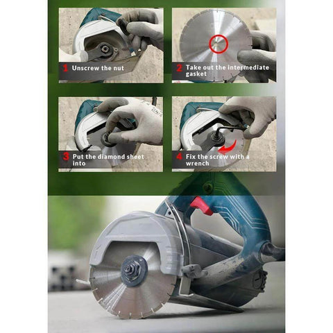 12-inch laser-welded diamond blade installed on circular saw for dry or wet cutting of concrete, stone, and masonry.