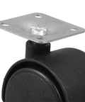 Close-up of 4pcs Inch Swivel Plate Caster for Rolling Chairs and Office Furniture, featuring a black plastic wheel and metal plate.