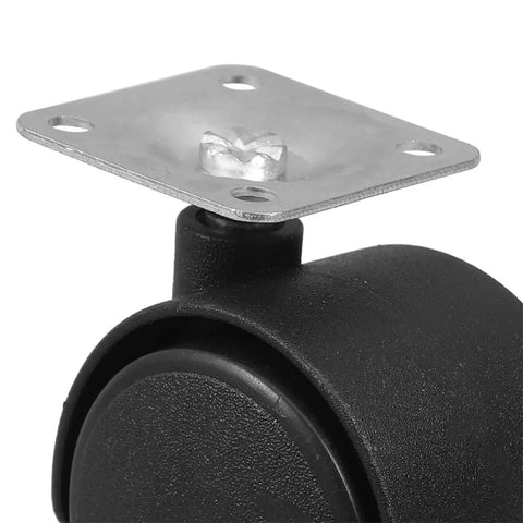 Close-up of 4pcs Inch Swivel Plate Caster for Rolling Chairs and Office Furniture, featuring a black plastic wheel and metal plate.