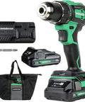 Compact 18V Cordless Brushless Hammer Drill Kit With 2 Lithium Ion Batteries, Charger, Carrying Bag And Accessories displayed.