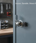 Multipurpose Iron Cam Lock For Metal Cabinets, File Drawers, And Lockers secured in a blue cabinet in a workshop
