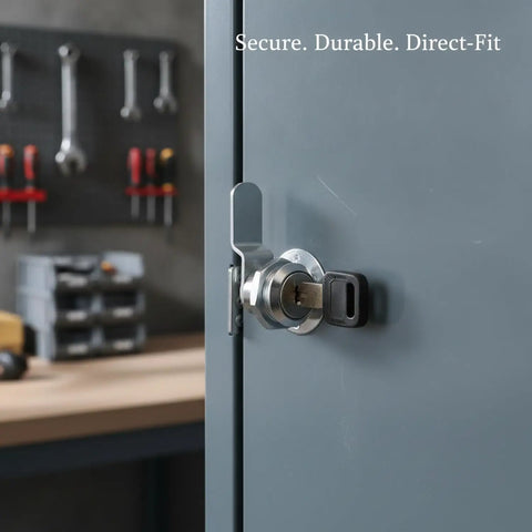 Multipurpose Iron Cam Lock For Metal Cabinets, File Drawers, And Lockers secured in a blue cabinet in a workshop