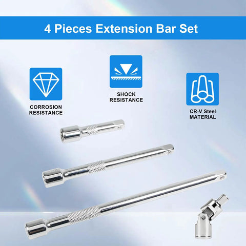 1/4 Inch Drive Extension Bar Set With 2, 4, And 6 Inch Extensions And 1/4 Inch Drive Universal Joint Sockets, corrosion and shock resistant, CR-V steel