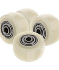 Top Notch 4 Pack 1.5 Inch Nylon Caster Wheels close-up view showcasing beige nylon wheels with steel bearings.