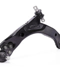 Black steel front suspension lower control arm with ball joint stud and bushings.