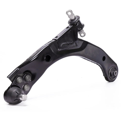 Black steel front suspension lower control arm with ball joint stud and bushings.