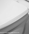Ashland Style Elongated Wood Toilet Seat With Slow Close Secure Hinges and Quiet Operation Adjustable Front to Back for a Custom Fit Biscuit Color Made in USA Decorative Edge for Modern Bathrooms, shown in white color, corner detail view