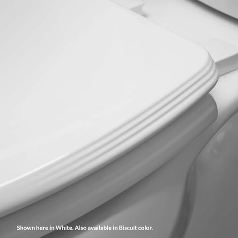 Ashland Style Elongated Wood Toilet Seat With Slow Close Secure Hinges and Quiet Operation Adjustable Front to Back for a Custom Fit Biscuit Color Made in USA Decorative Edge for Modern Bathrooms, shown in white color, corner detail view