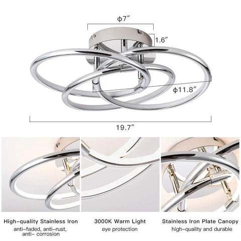 Silver LED Ceiling Light Flush Mount With Dimmable 3000K to 6000K Range Modern Fixture, Close View of Stainless Iron Design
