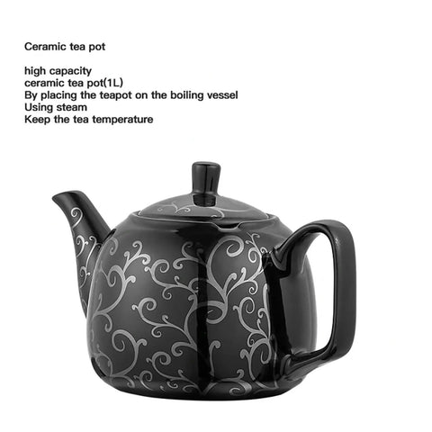Black ceramic teapot with swirling design, 1L capacity, part of the Boss 220V Electric Turkish Tea Maker With 3L Stainless Steel Boiler And 1L Ceramic Teapot Dual Teapot Samovar With Keep Warm Function For Tea Or Coffee White.