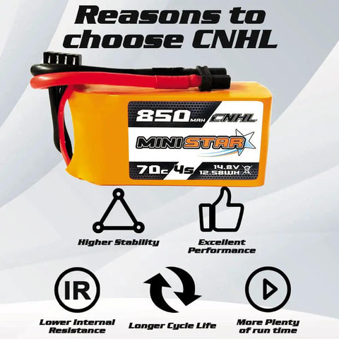 Image of a yellow 4S 850mAh 70C LiPo Battery 14.8V With XT30U Connector for RC models by CNHL, highlighting features