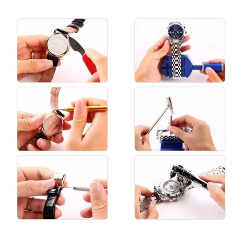 147 Piece Watch And Clock Repair Tool Kit With Link Pin Dissolver And Strap Opener Housing Back Opener Spring Bar Remover Pro Grade Gear in use