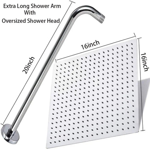 Square Rain Shower Head With Extension Arm 16 Inch Ultra Thin Stainless Steel Gold Finish For Full Body Coverage Rainfall