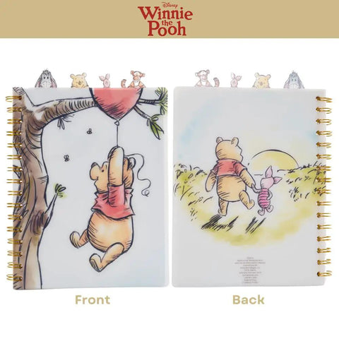 Front and back of Winnie The Pooh Tab Journal Notebook with 96 lined pages, spiral bound 8x7 inch white vinyl cover, illustrated dividers.