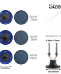 75Pcs Zirconia Quick Change Sanding Discs Set, 2 inch with one quarter inch holder, showing grit sizes P36, P60, P80 and dimensions