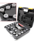 Open case of Pro Grade MT3 Shank ER32 Chuck Spanner Set with 15 Pcs Collets M12 Holder for Milling and Lathe, detailed view of collets